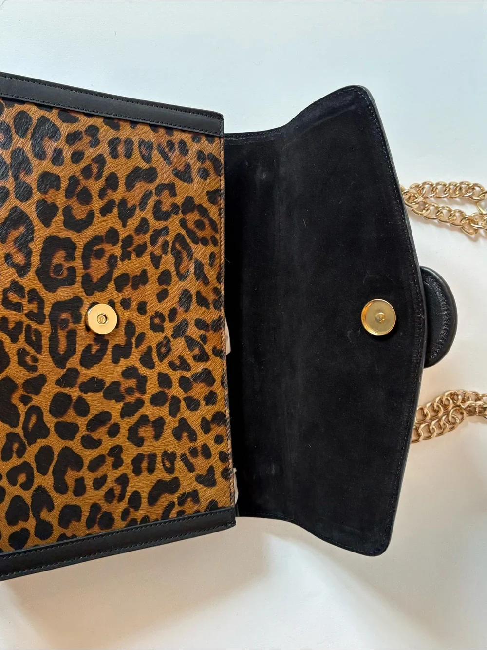 Italian Leather & Leopard Calf Hair Shoulder Bag with Gold Chain